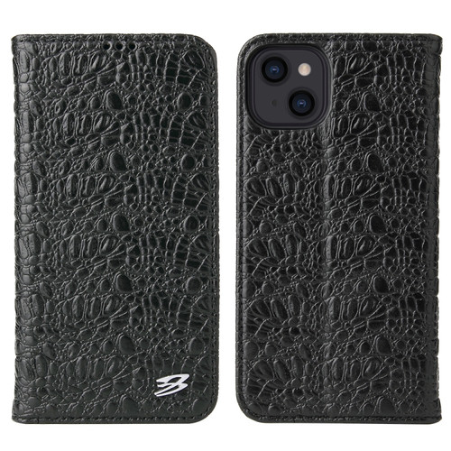 iPhone 13 mini Fierre Shann Crocodile Texture Magnetic Horizontal Flip Genuine Leather Case with Holder & Card Slot - Black